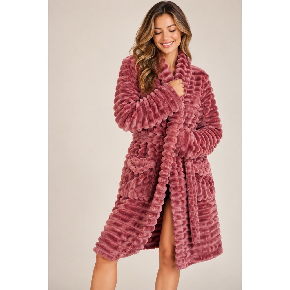 Anthropology Mariposa Pink Plush Ribbed  Robe Dusty Rise Pink Belted S/XS